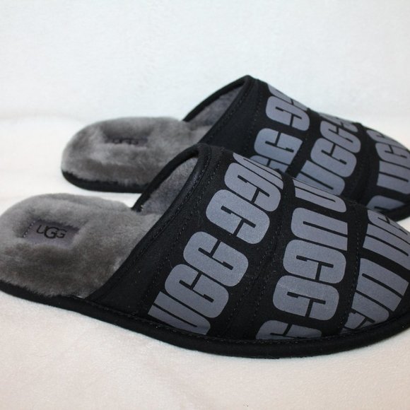 NIB UGG MEN\'S LOGO BLACK GRAY SLIP‎ ON SCUFF SLIPPERS main image 6